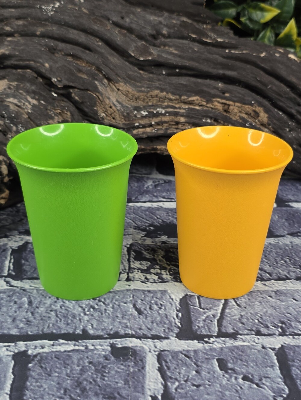 Vintage Set of 2 Tupperware 7 oz. Bell Tumblers - Yellow, Green